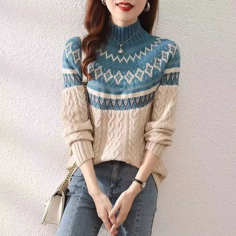 Pulover wanita lengan panjang, Sweater atasan kasual mode Vintage longgar geometris benang sekrup lengan panjang leher tinggi setengah pulover musim gugur dan musim dingin