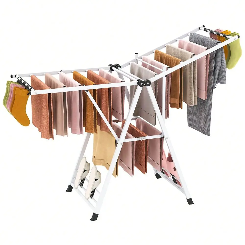 

Foldable Metal Laundry Drying Rack With Height Adjustable Wings, 18 Drying Rails White Beige