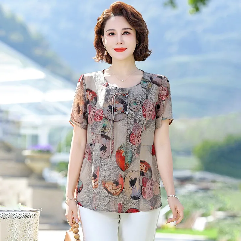 Summer Vintage Broken Flowers Blouse Commute Female Clothing Folk Casual Round Neck Short sleeved Shirt