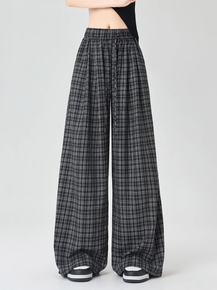 

Retro Plaid Wide Leg Pants Women's Summer Thin High Waist Slim Elastic Waist Loose Floor-Length Lazy Style Casual Pants