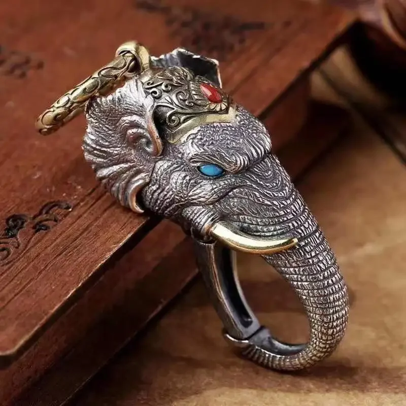 Pure Silver Punk Personality Creative Gift Buckle Lucky Pixiu Elephant Metal Key Ring Pendant