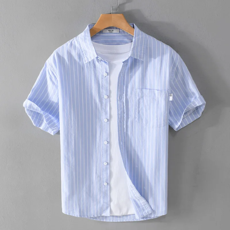 Pure Cotton Men's Shirt Summer  Versatile Striped Short Sleeve Casual Youth Artistic Fashion Leisure Men's Clothing Shirt