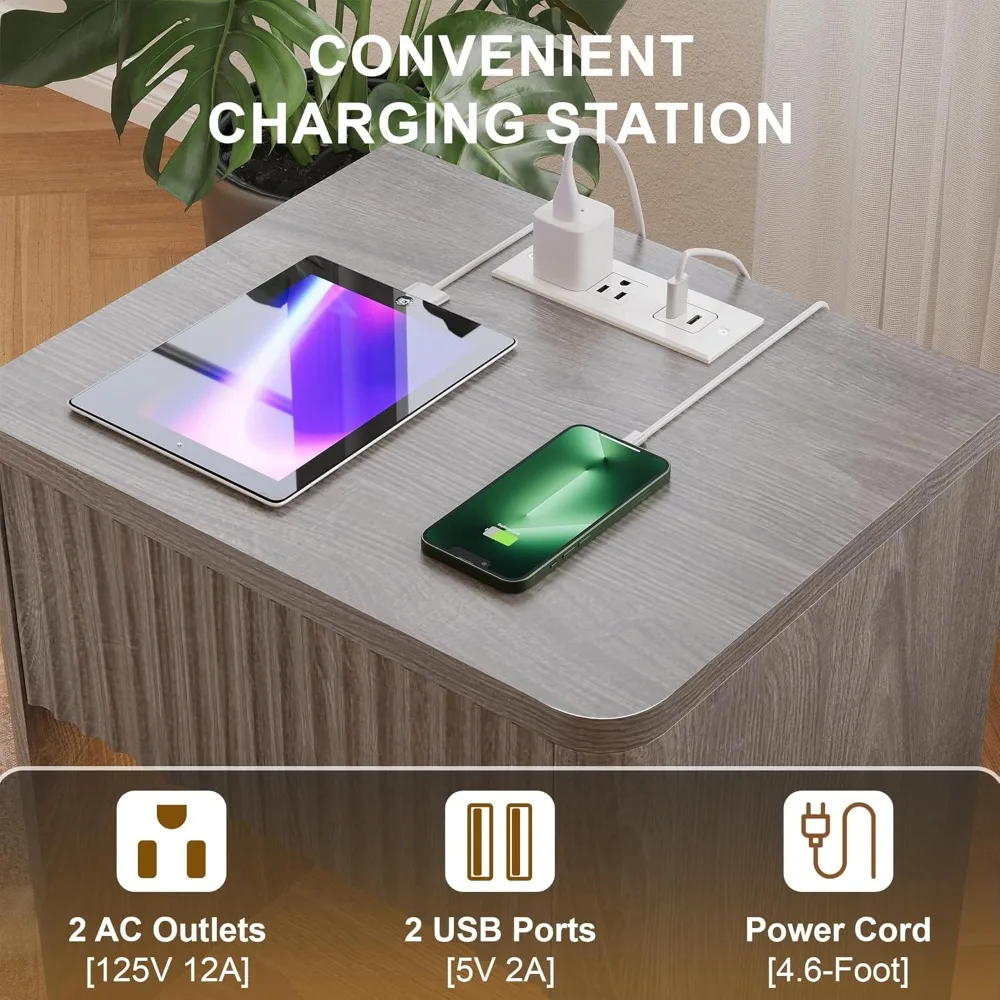Set of 2 Nightstands, Nightstand with Charging Station & LED Light, Fluted Night Stand with Drawer, Mid Century Modern Bedside T