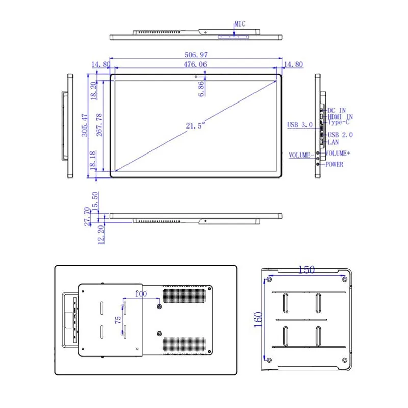 Thin Edge Android 13 Tablet pantalla táctil de montaje en pared de 21,5 pulgadas 1920*1080 IPS pantalla de entrada HDMI POE 8MP cámara señalización Digital