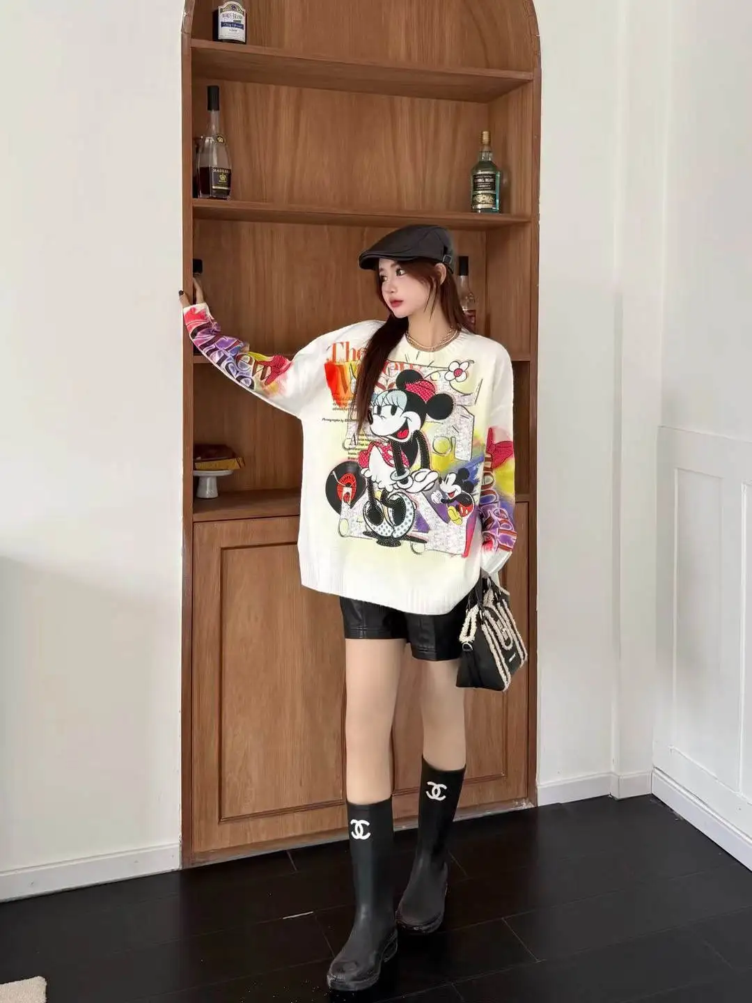 Sweater for Women Fashion Cartoon Print Long Sleeve Round Neck Rhinestone Spring Autumn Korean Style Loose Knitted Top