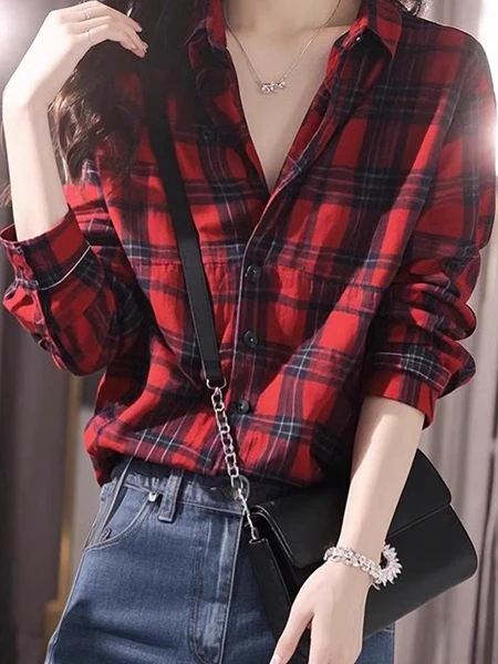 

Retro Red Plaid Ne irt Women's Faionable Unique Beautiful Vintage Sle Long Sve Casual Top for Young Girls