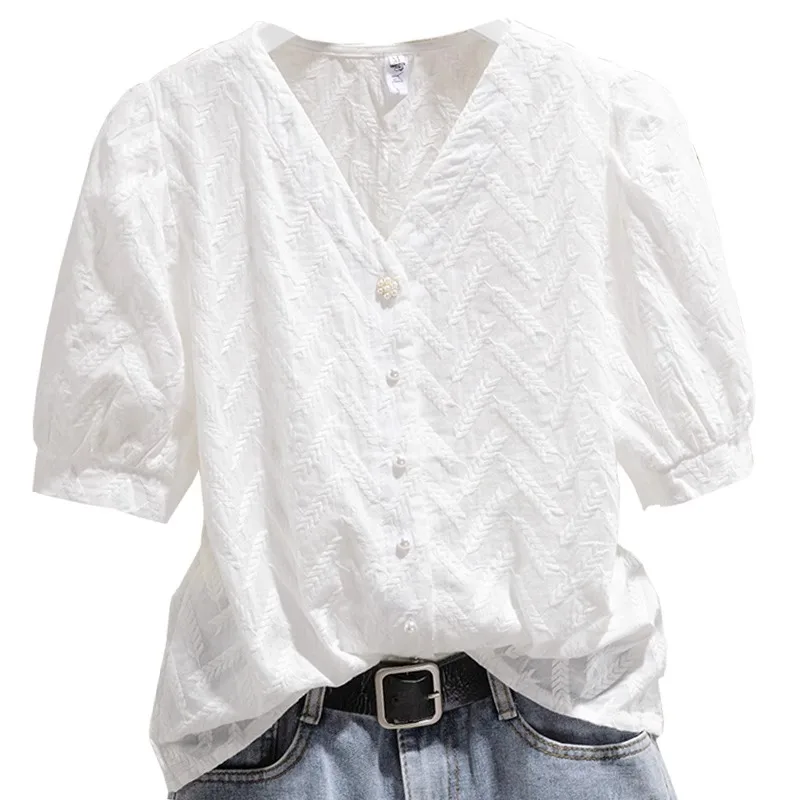 

Pure Cotton ort Sve irt Women's V-ne Embroidery Design Summer New Sle White f-sve Top Commute Sle Straight...