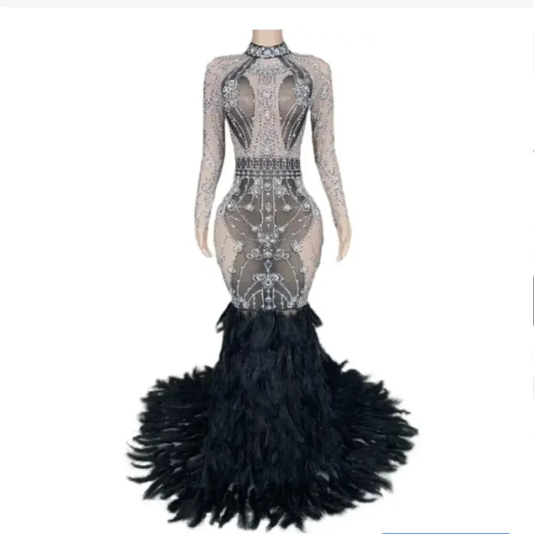 Women Long Feather Dress Luxury Rhinestone Birthday Party Dress Celebrate Outfit Drag Queen Stage Wear Singer Nightclub Bar Wear