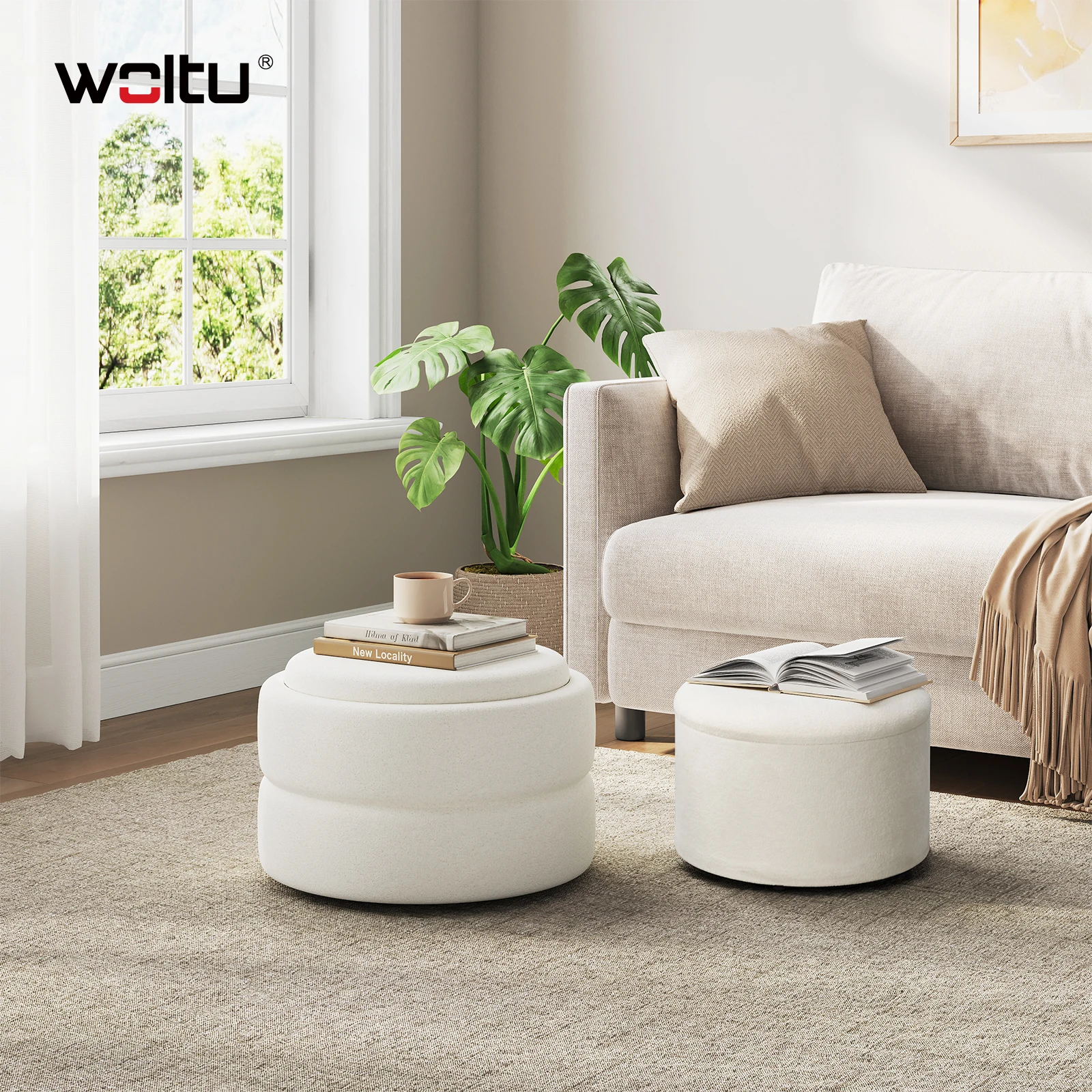 WOLTU Juego de 2 otomanas de almacenamiento blancas con tapa, taburete redondo apilable, taburete de terciopelo para dormitorio, sala de estar, pasillo