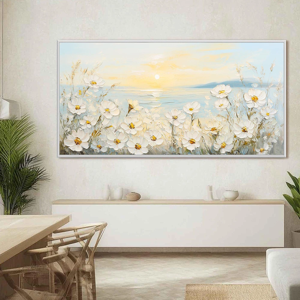 Coastal Sunrise  Painting, Textured White Daisy Wall Art, Seascape Artwork,  Floral Art, Modern Beach House Decor, No Frame