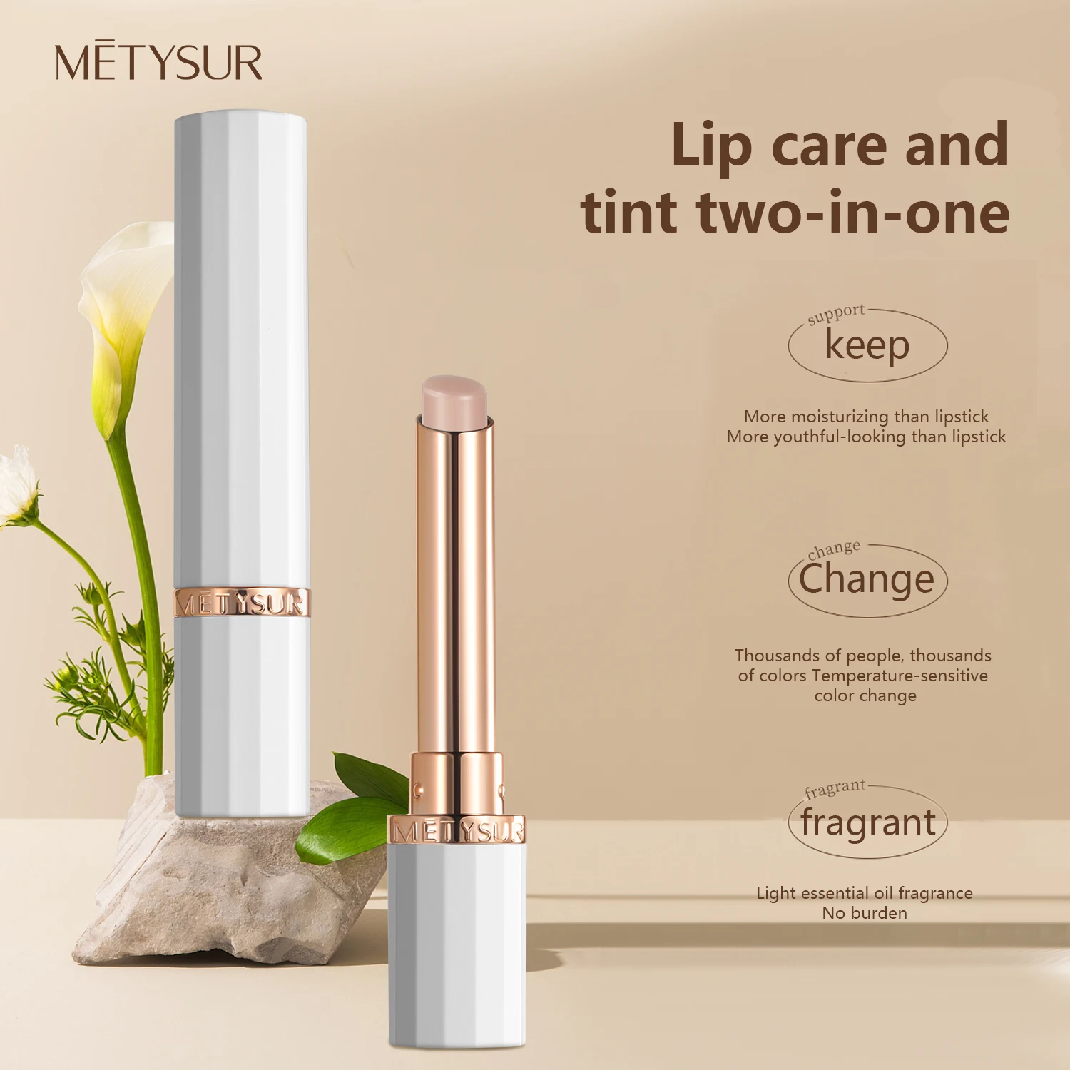 METYSUR Bálsamo labial que cambia de color con aceite esencial, hidratante, base de lápiz labial, reductor de línea de labios, cuidado de labios para otoño e invierno