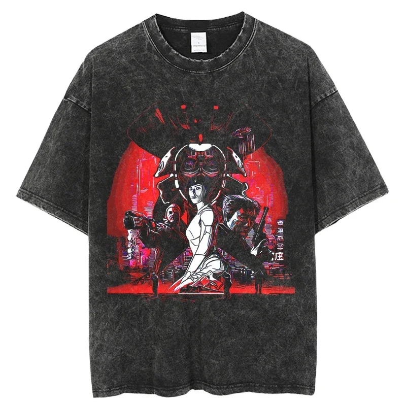 2025 Anime Ghost in the Shell Washed T-shirts Mens Clothing Graphic Manga Harajuku Tees Unisex Summer Top Male Streetwear