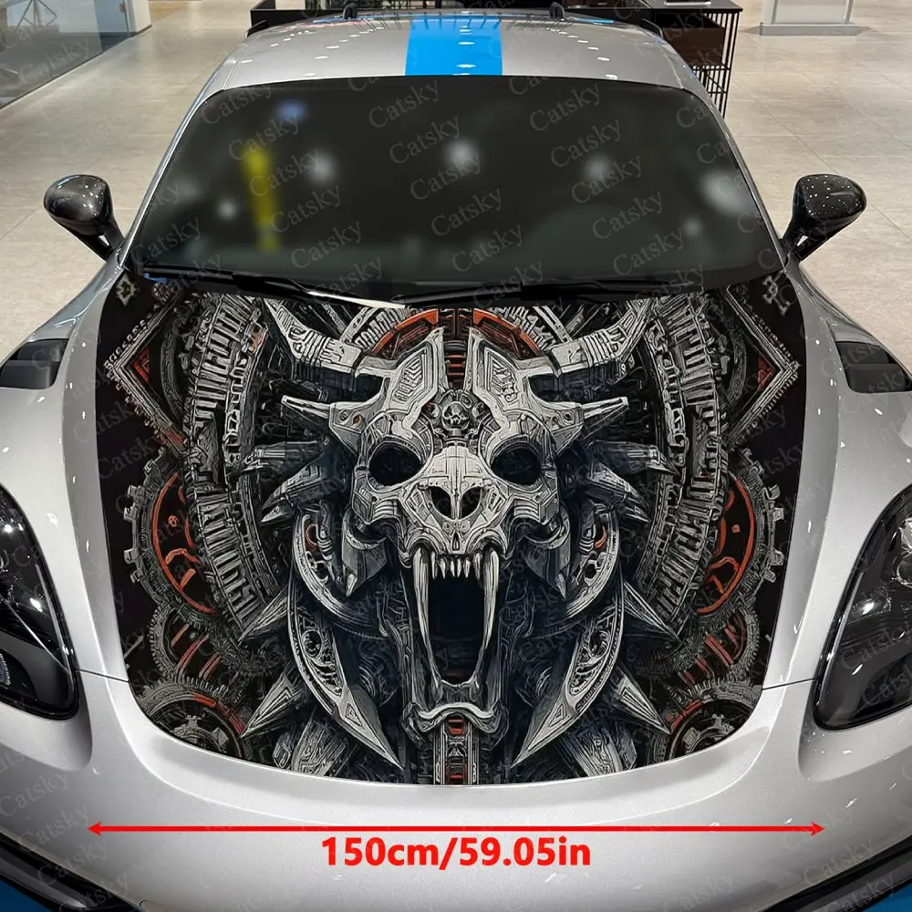 Mechanical Fierce Skull Car Vinyl Wrap, PVC Material Waterproof Car Hood Sticker, Self-Adhesive Scratch-Resistant Stickers