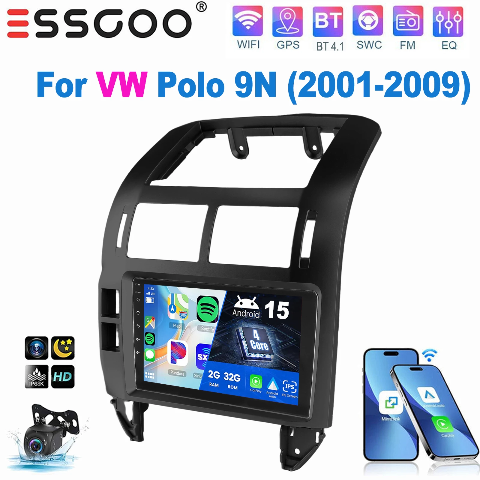 ESSGOO 9 Inch IPS Touchscreen Voor VW Polo 9N 2001-2009 Autoradio Apple Carplay Android Auto GPS Navigatie WIFI FM Stuurwielbediening RDS Android 15 Mirror Link Bluetooth ASP Geluid Split Screen