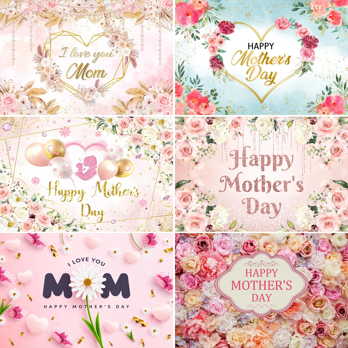 Mother’s Day Background Love Mom Family Party Pink Flower Love Heart Decoration Women\'s Portrait Custom Photography Backdrop