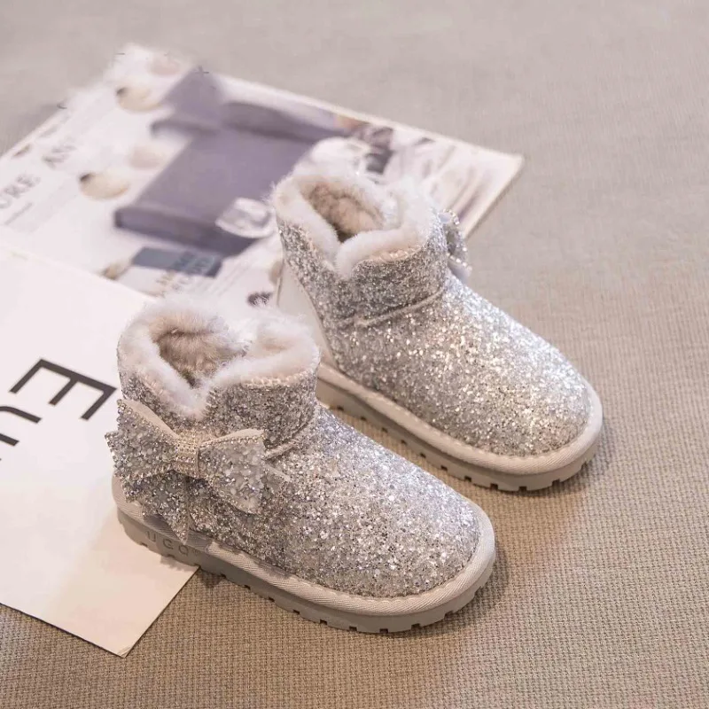 Fashion Sequin Rhinestones Girls Botas 2024 Winter Thick Plush Warm Children's Snow Boots Kids Flat Ankle Boots Non Slip Sneaker