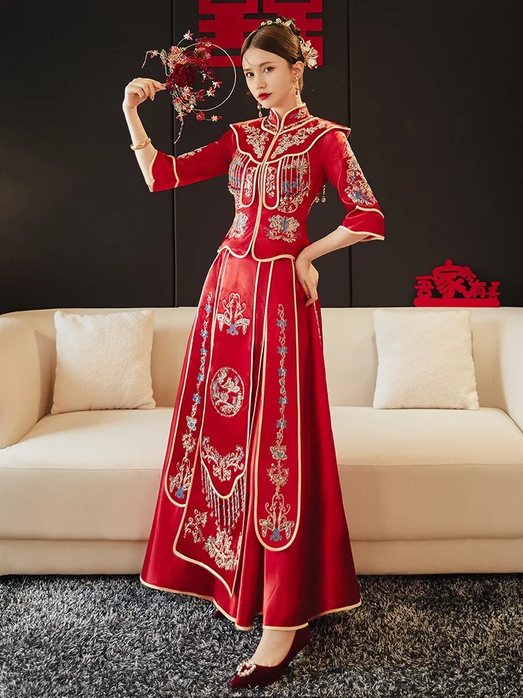 

Yourqipao Satin Xiuhe 2023 New Bride Chinese Wedding Dress Women Ancient Bridal Gowns Red Engagement Evening Toast Clothing Sets