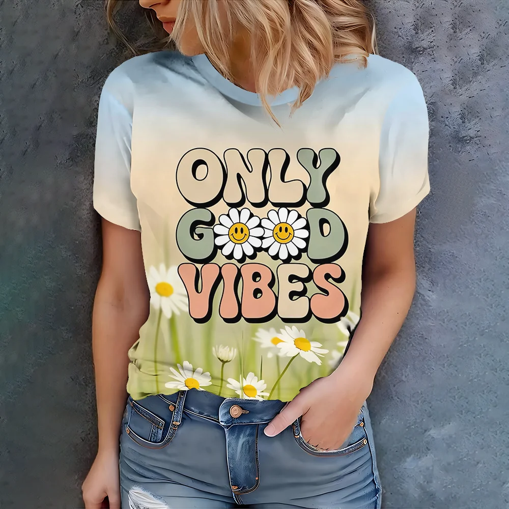 

Women's Gradient T-Shirt With ONLY GOOD VIBES Print Casual Summer Style Round Neck Short Sleeve Top For Daily Wear