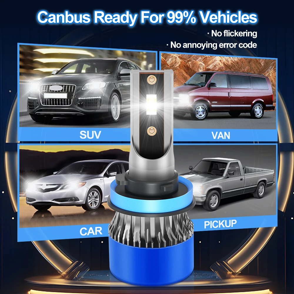 Roadsun 4pcs Car Headlights Combo H11 High&Low Beam Lamps 30000LM/pair 6500K White LED Headlamps 50000hrs Lifespan 200M Visible Range