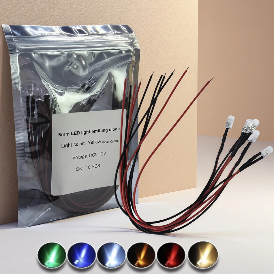 20pcs 5V 12V 3mm Orange Yellow Candle Flickering 5mm Prewired LED Diode Model light light-emitting diode DIY Night Light
