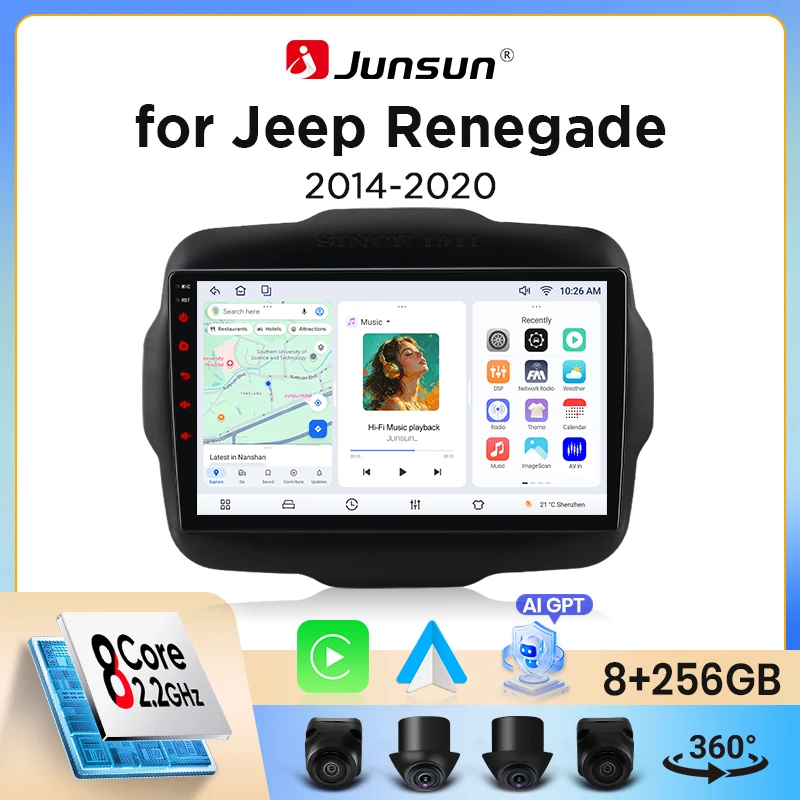 Image of Junsun Wireless CarPlay Android Auto Autoradio für Jeep Renegade (BU/BV) 2014-2022 mit integriertem Lüfter, Android GPS-Navigation, Multimedia-Player, WiFi, DSP, RDS, BT, SWC, IPS-Touchscreen,