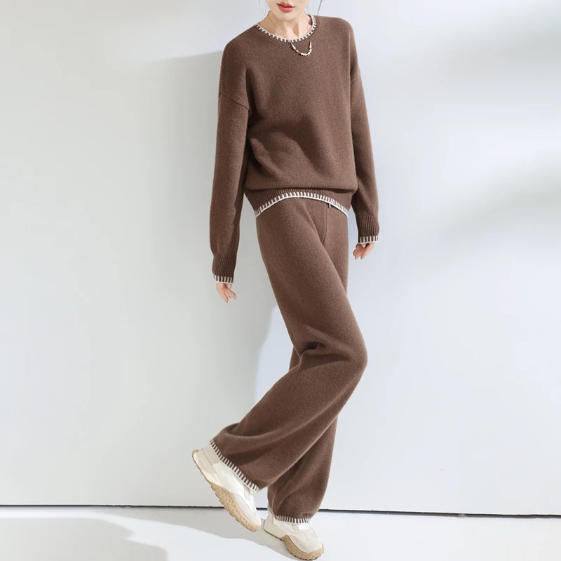 Autumn Winter Women's 100% Wool Set O-neck Pullover Wide Leg Pants Casual Cashmere Sweater Trousers Knit Scarf Thtee piece Suit