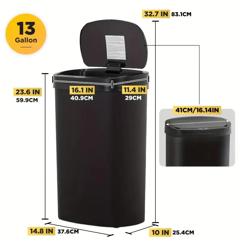 سلة مهملات أوتوماتيكية سعة 13 جالونًا، صندوق مستشعر حركة بلاستيكي مستطيل مع غطاء إغلاق هادئ للمطبخ وغرفة النوم والحمام والمكتب