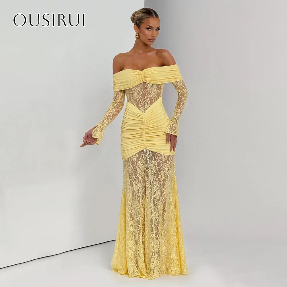 레이스 오프숄더 시스 이브닝 드레스 플리츠 플로어 기장 롱 슬리브 파티 가운