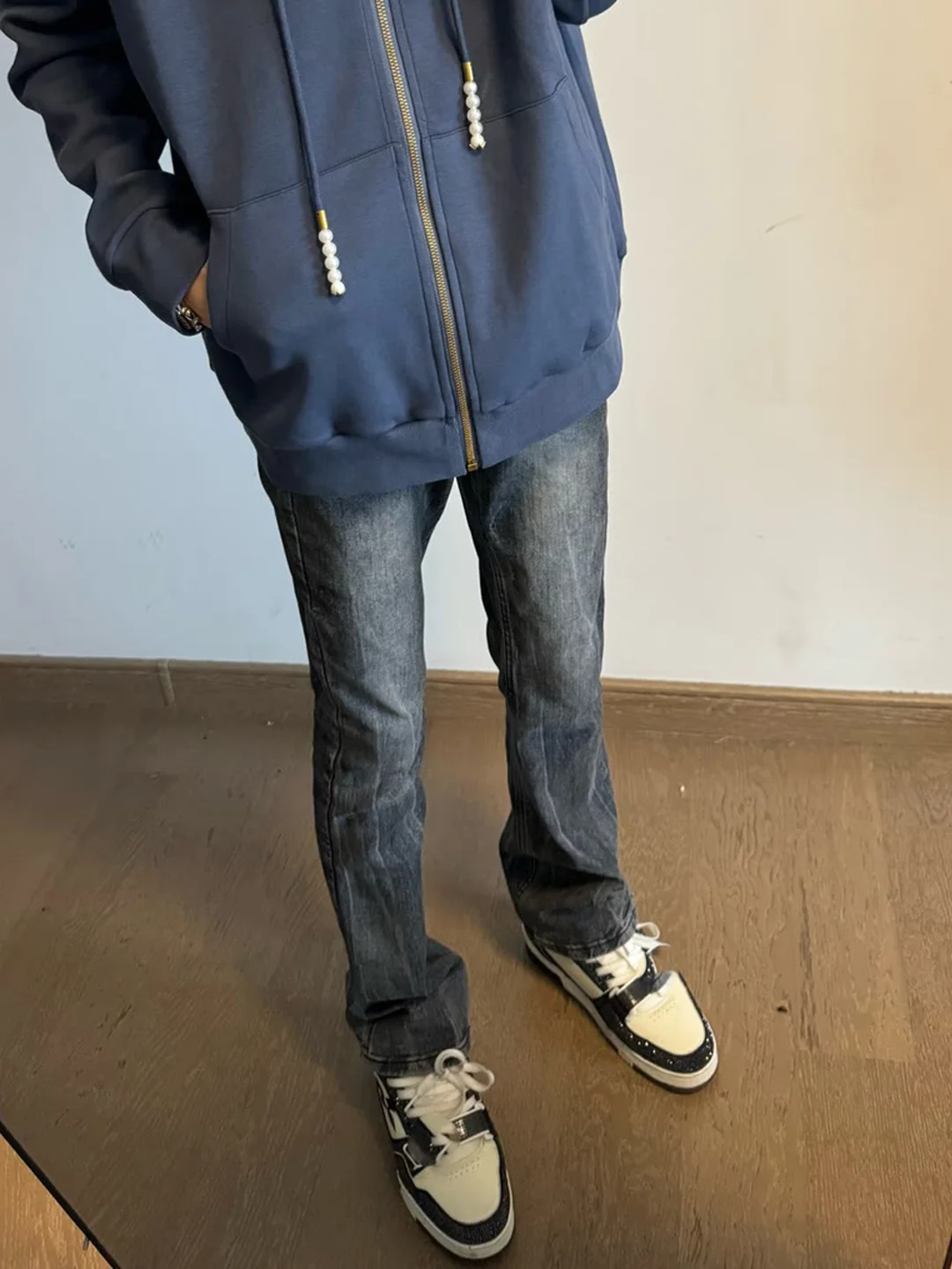 

American Waed Straight Leg Loose High Street Retro Bla ey Men's Jeans Autumn Versatile Weathered Texture Long Pants