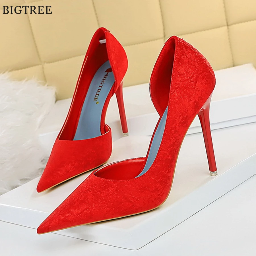 Высококачественная женская обувь из жаккардовой ткани, пикантные женские туфли-лодочки на высоком каблуке сбоку, красные абрикосовые туфли, свадебное женское платье с острым носком