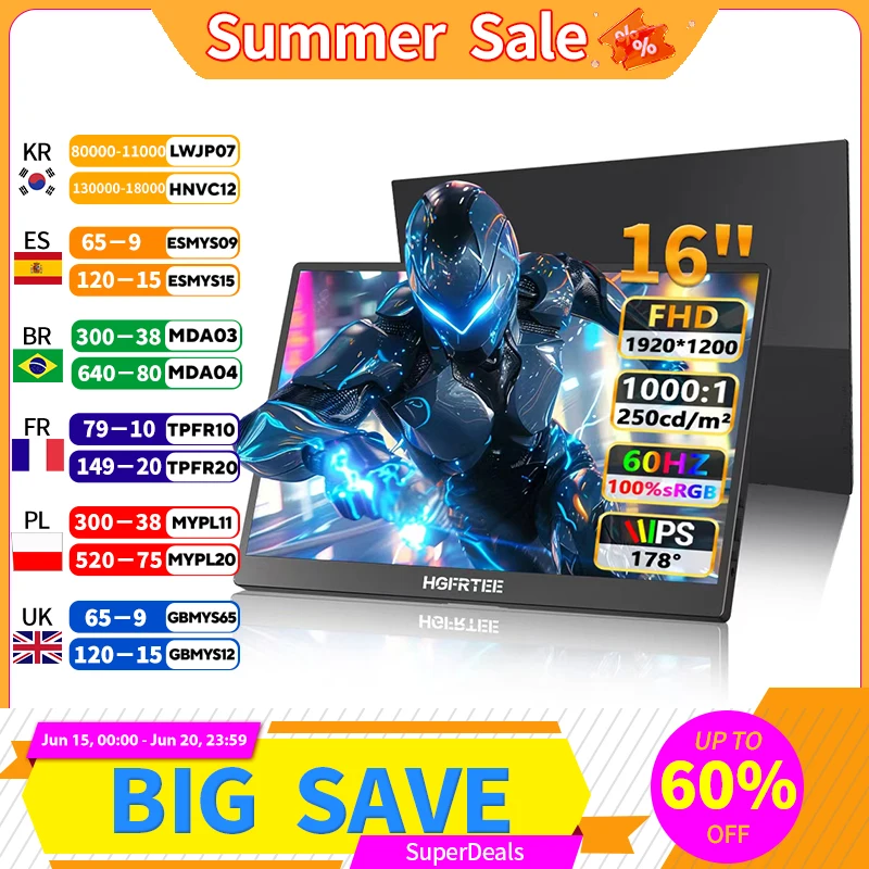 HGFRTEE 16 Inch Portable Monitor 100% sRGB Type C Mini HDMI for Extended Display Compatible with Mac Switch Xbox PS4/5