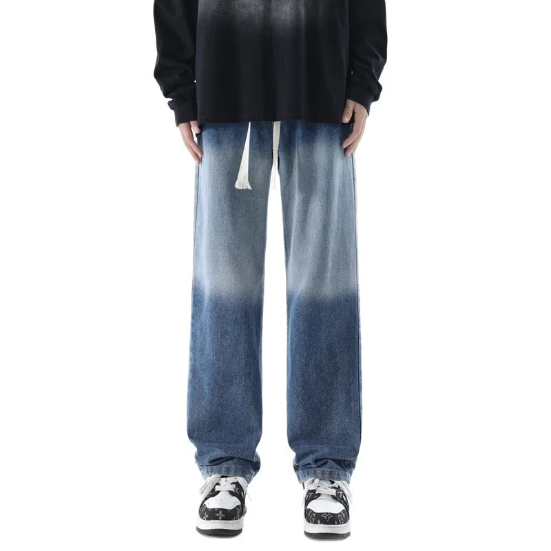 2025 Men's summer American retro casual straight leg versatile loose and simple washed, vintage wide leg denim pants EF-332