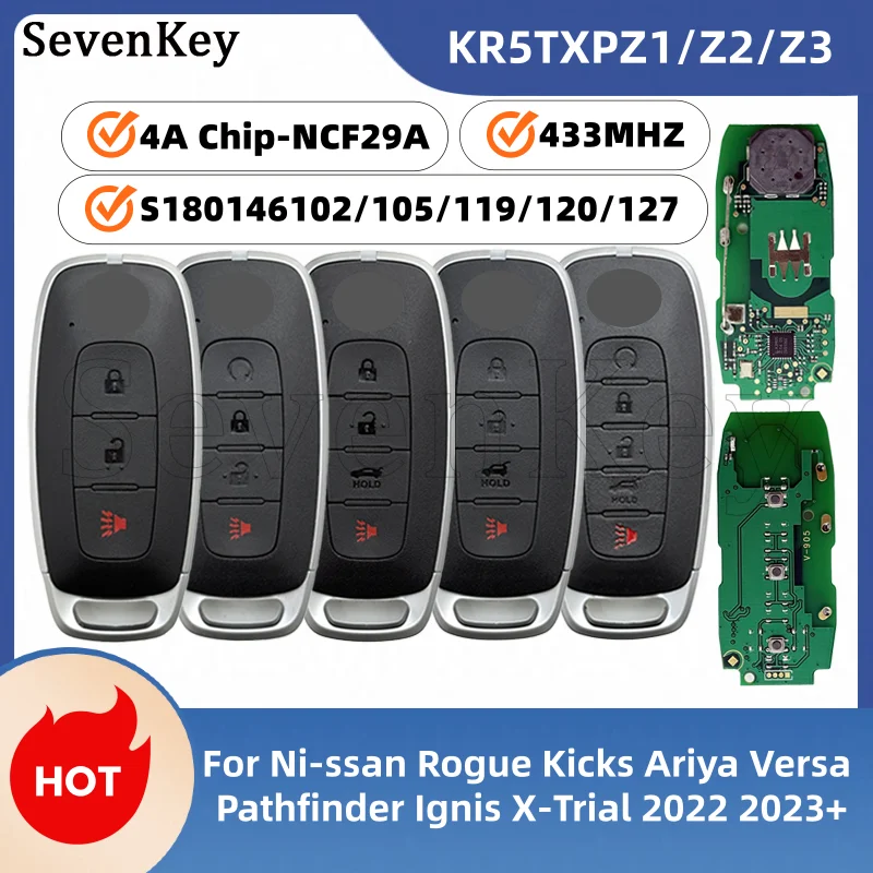 Seven KR5TXPZ1 KR5TXPZ2 KR5TXPZ3 3/4/5Btn Smart Key Fob 433MHz 4A NCF29A1M Chip For Nissan Rogue Pathfinder Ariya Kicks X-Trail