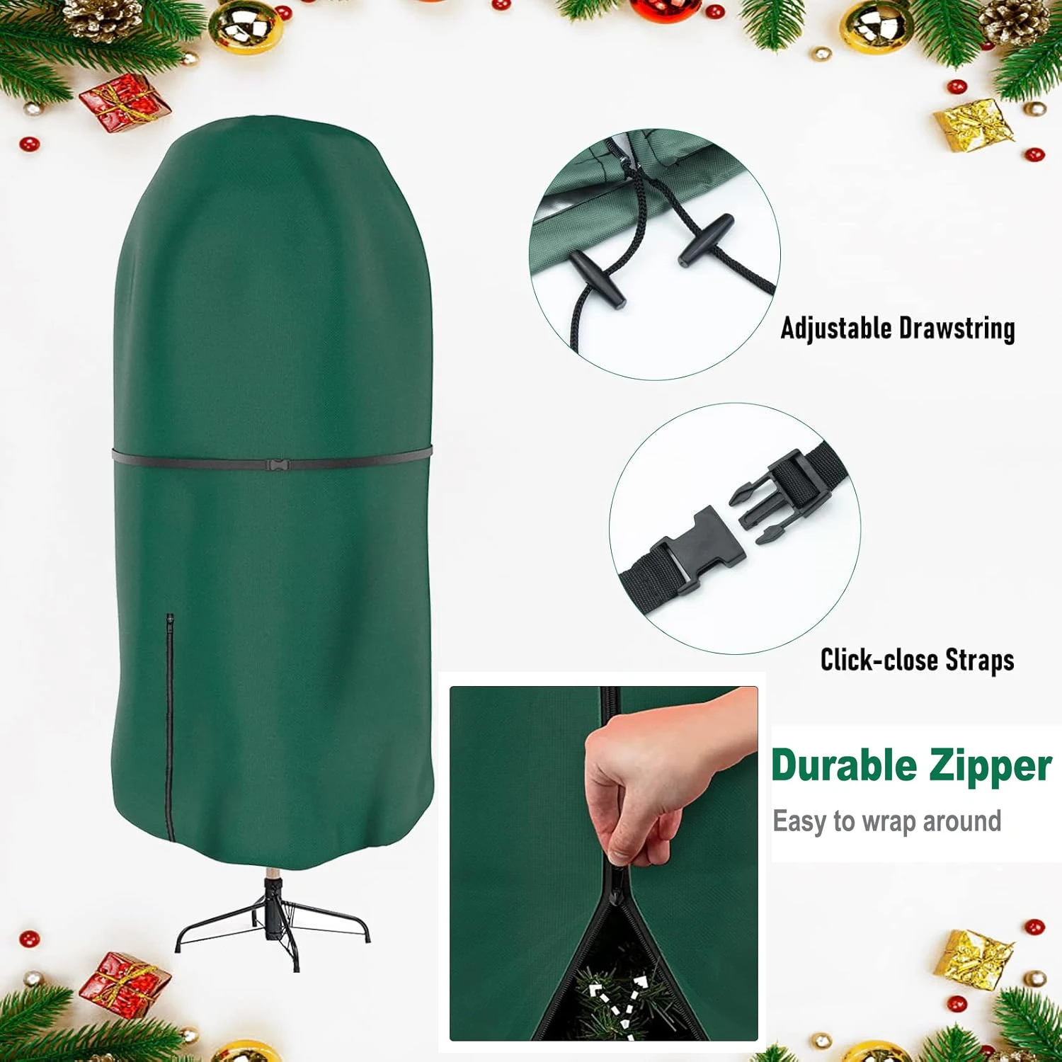 Christmas Tree Cover with Adjustable Straps, Durable Upright Xmas Tree Storage Bag with Zipper Drawstring Waterproof Dustproof