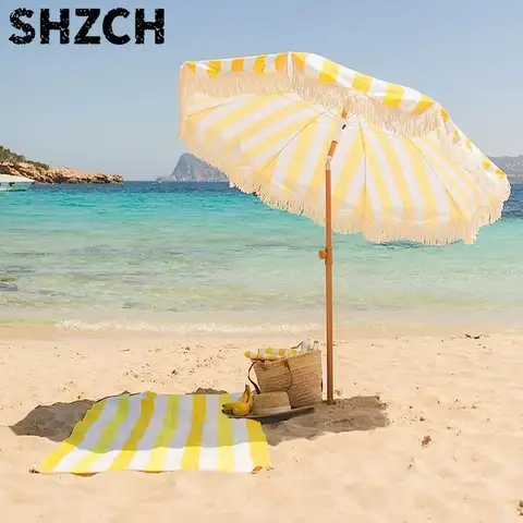 Shade Beach Umbrella 2 Meters Striped with Tassel Outdoor Courtyard Camping Sun Umbrella Sun Umbrella