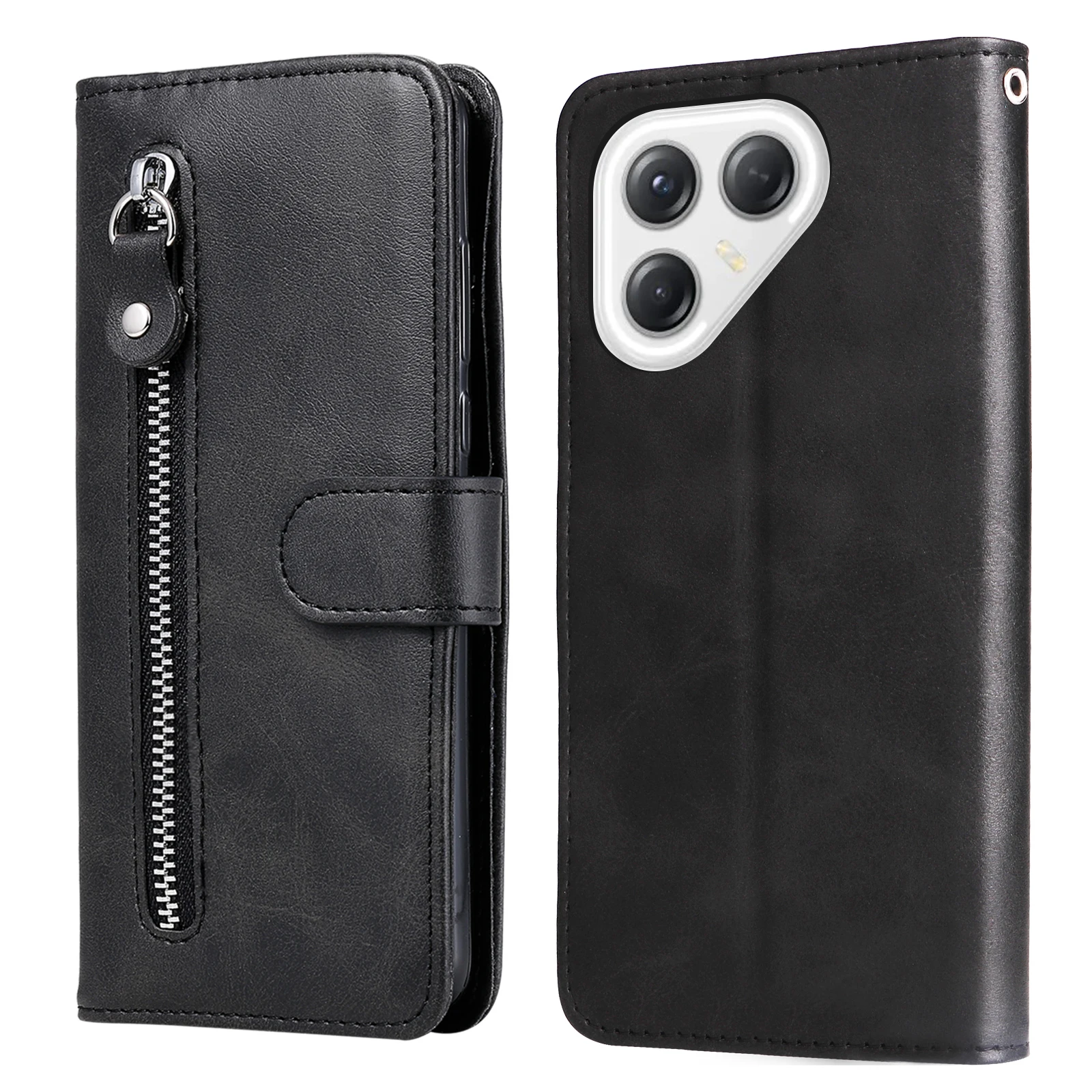 

For TECNO Pova 7 Ultra 5G PU Leather Cases with Zipper Pocket Wallet Phone Cover Stand - Black