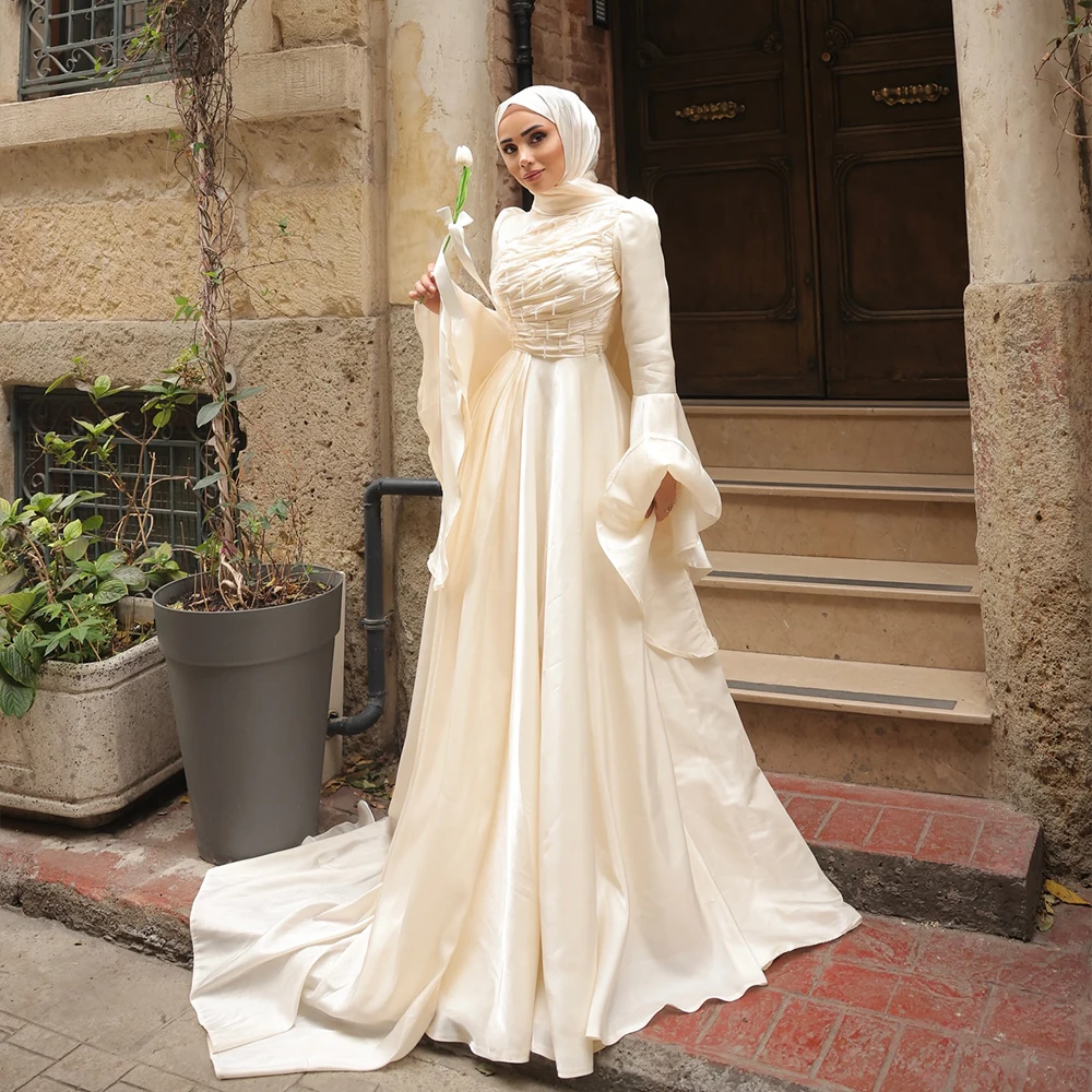 

Elegant Evening Dresses Hijab Long Flare Sleeve High Neck Prom Dress Muslim Women Wedding Party Dress Customized robes de soirée