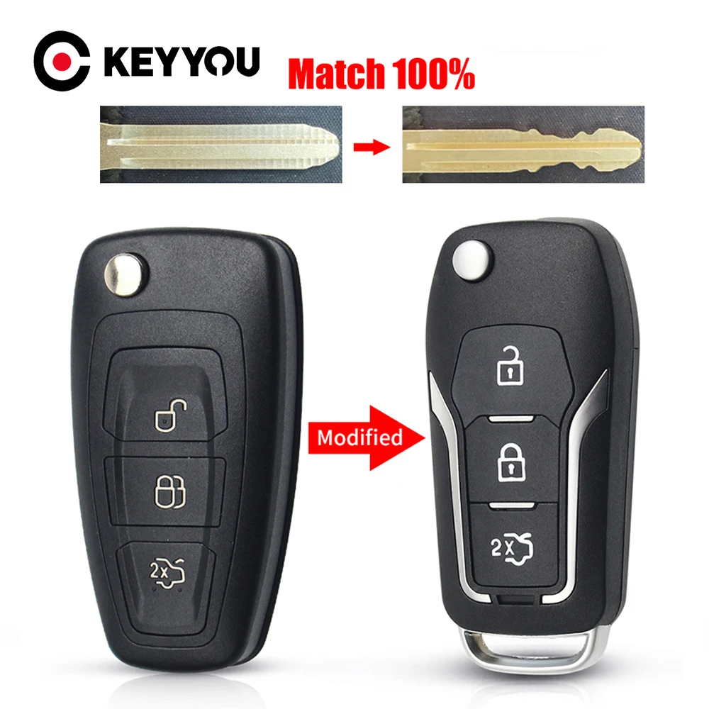 

KEYYOU с режущим сервисом, модифицированный автомобильный ключ для Ford Mondeo Focus Fiesta C Max S Max Galaxy Fob, 3-кнопочный чехол для дистанционного ключа