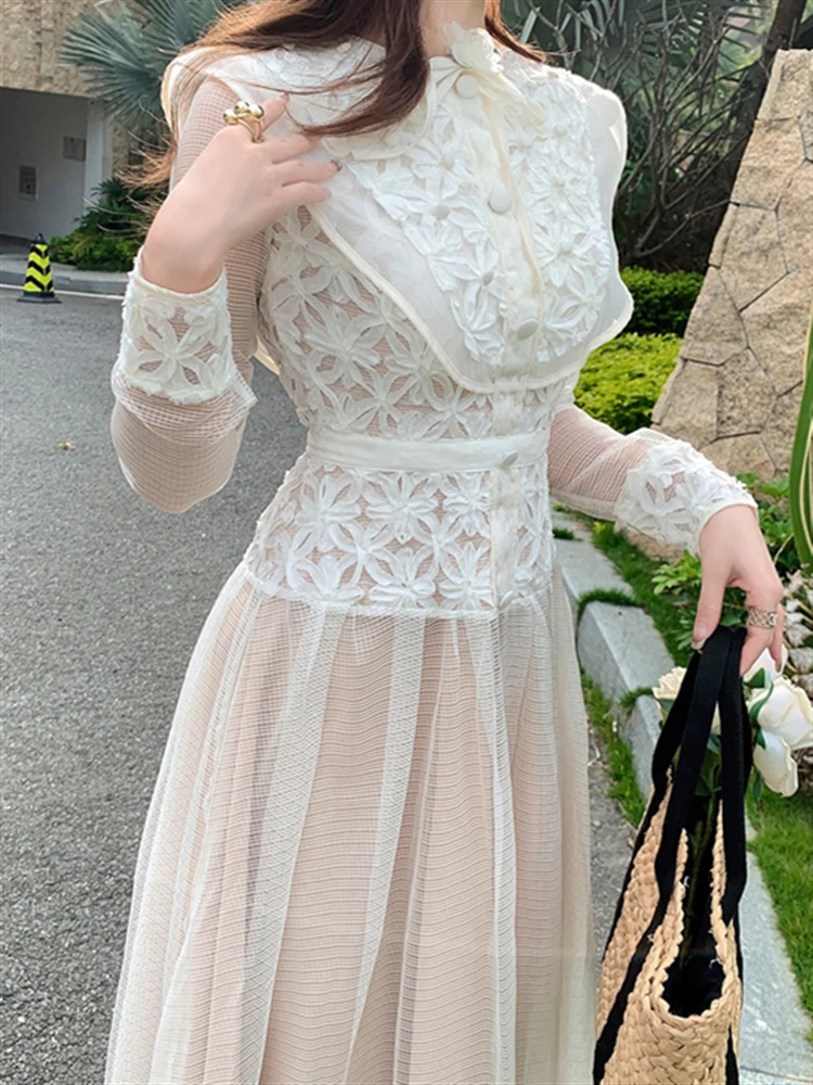 Luxury Lace Dresses Women Fall Woman High Waist Long Sleeve Boho Party 2023 A-Line Elegant Solid Dress Runway Spring Embroidery