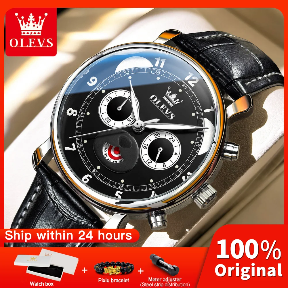 OLEVS 3753 Brand Movement Men Fashion Watch Leather Strap Fun Panda Design 24-hour Dial Stopwatch Luminous Function Quartz Watch