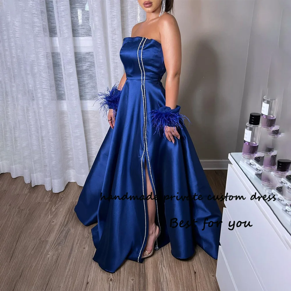 

Navy Blue A Line Evening Dresses with Slit Beads Satin Strapless Arabic Formal Prom Dress Floor Length Celebrate Party Gowns