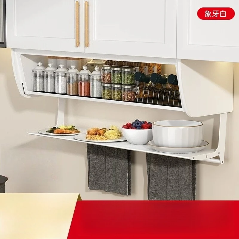 Under Cabinet Pull Down Storage Rack Wall Mount Kitchen Spice Dish Organizer with Towel Bar Optional LED Light