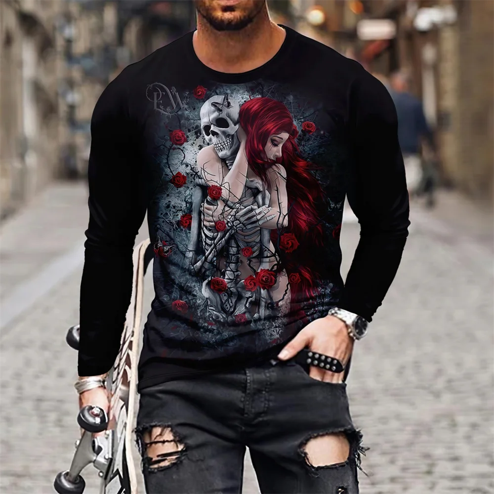 

Beauty Skull Print Funny T Shirt For Men Hip Hop Trend Harajuku Streetwear Casual O-neck Long Sleeve T-shirt Fashion Loose Tops