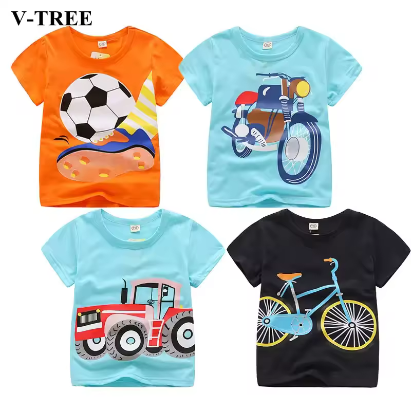חולצת קיץ לתינוקות V-TREE עם הדפס רכב קרטון מבד כותנה לילדים וילדות בגילאי 2-8