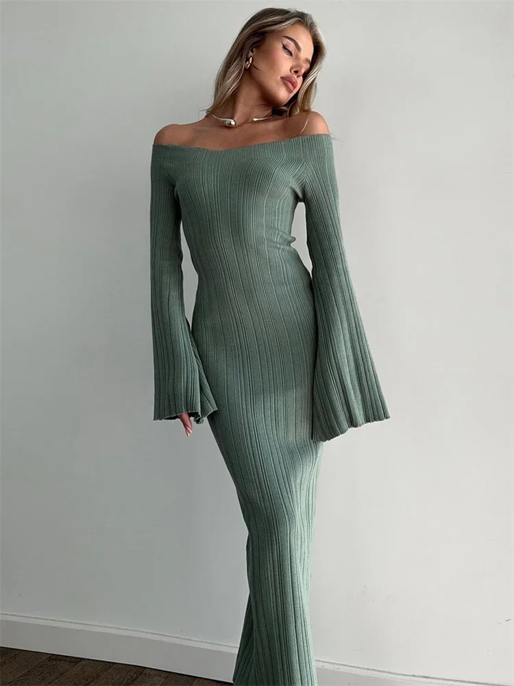 

Autumn Backless Elegant Long Dress For Women High Waist Ribbed Slim Long Sleeve Off-Shoulder Party Dress Female Clothes