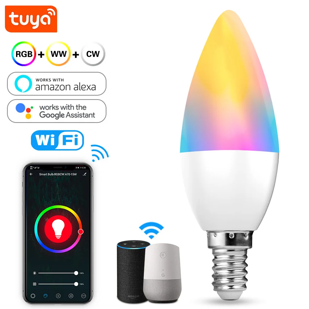 

Wifi Smart Light Bulb E14 Candle Lamp RGB+CW+WW 8W Tuya Smart Life APP Voice Control Compatible Alexa Google Home Dimmable