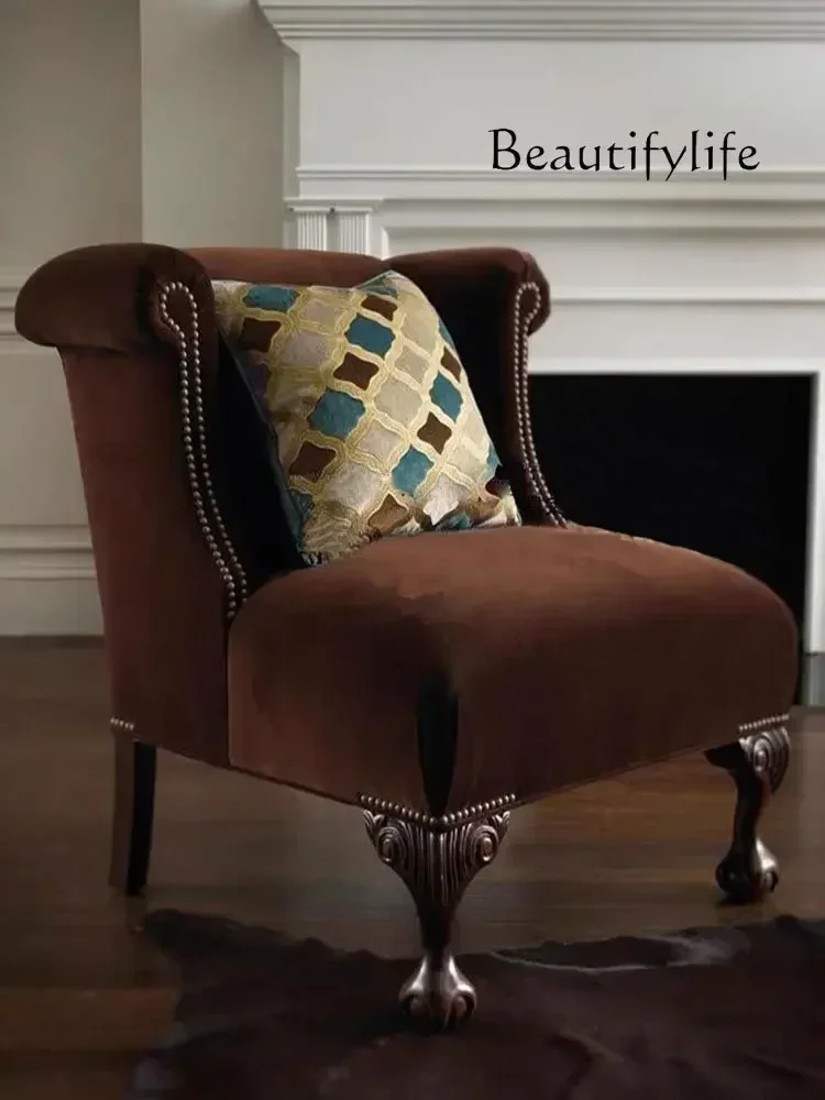 V American Solid Wood Sofa Chair Living Room Backrest Single French Retro Casual Designer