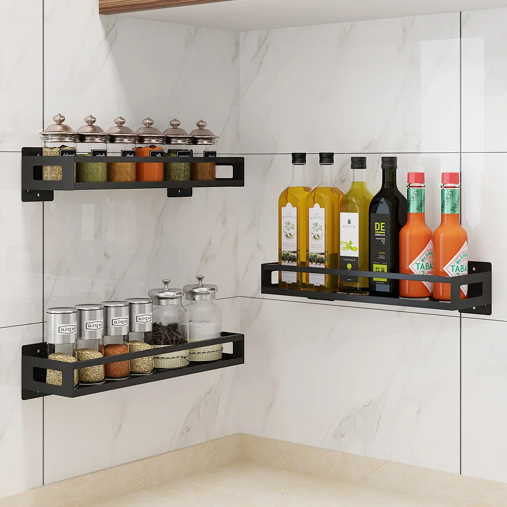 

Punch Free Wall Mounted Kitchen Seasoning Storage Rack Black Stainless Steel No Tools Required Easy Install Space Saving