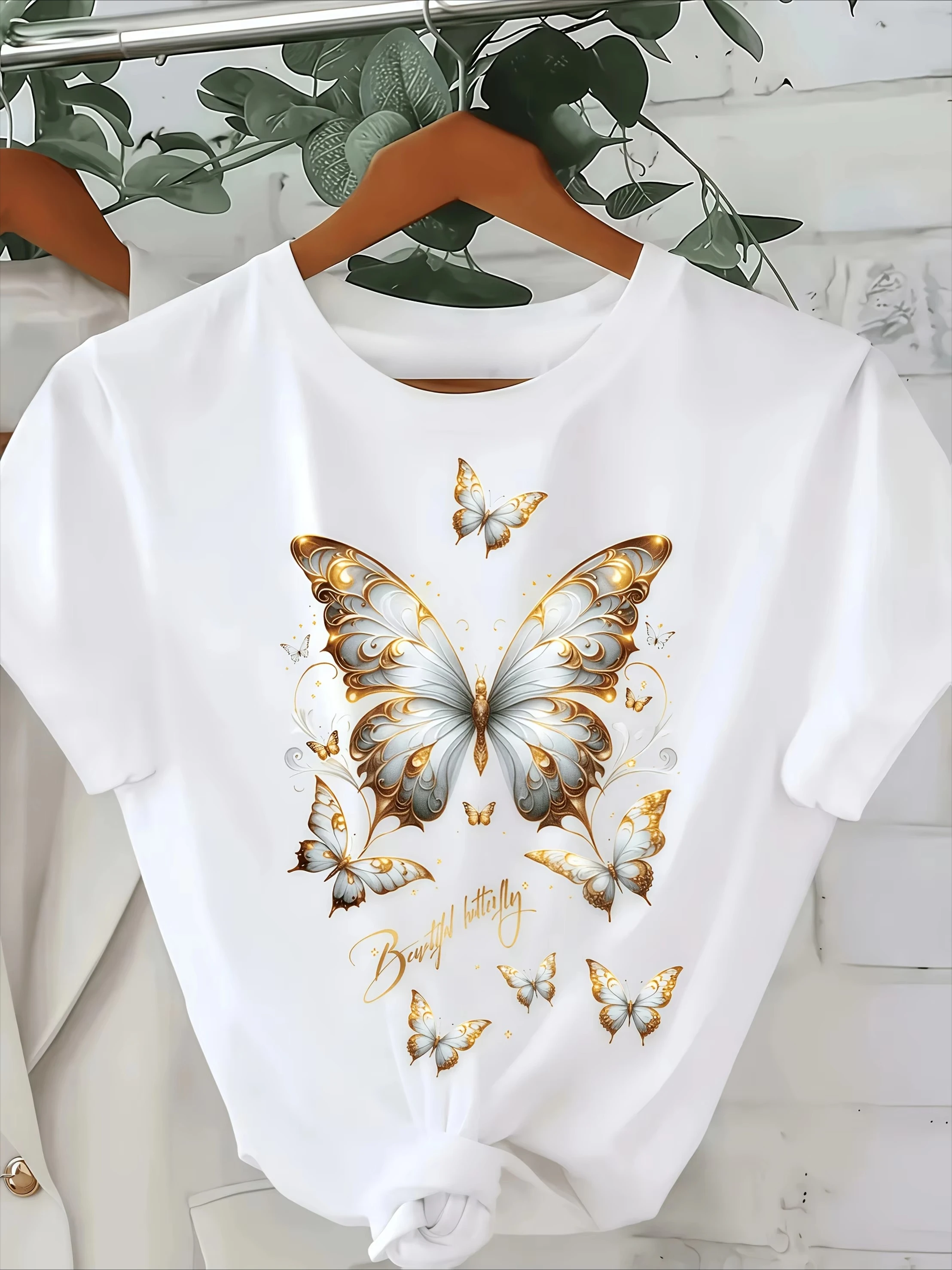 Lady Shiny White Butterfly Pattern Tee for Daily Leisure Lady Daily Summer Top for Comfort, Short Sleeved Fashion Free Delivery