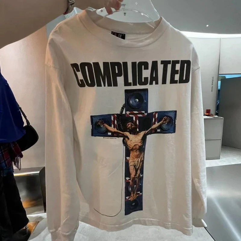 

Autumn Sain Sweatshirt Jesus Cross Printed Cotton Triangle Eyes Vintage Men Women Round Neck Long Sleeves Tshirts